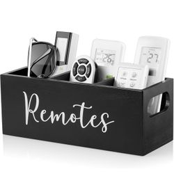 DRASTAR TV Remote Holder - Black Wooden Organizer with 3 Slots, Perfect for Nightstand or Table, Home Decor Caddy