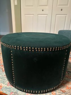 Teal Velvet Round Ottoman with Nailhead Trim
