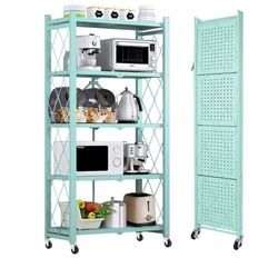 148 5-Tier Storage Shelving Unit, Heavy Duty Metal Shelf 27.9"x13.4"x62.5, Foldable Storage Shelf with Wheels, Garage & Kitchen Shelf with 4 Hooks, No