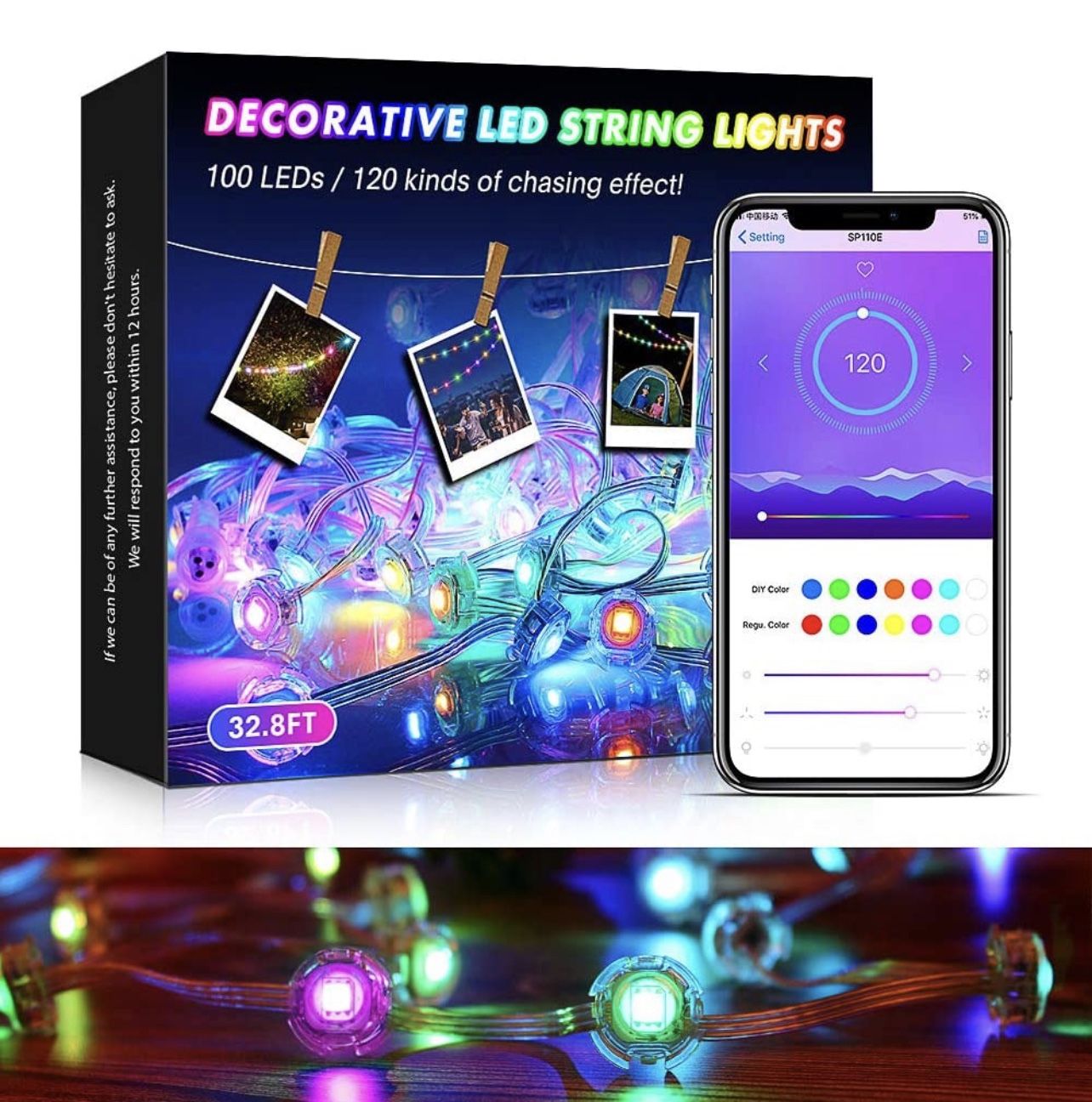 Outdoor String Lights 32.8ft 100 LEDs Dream Color String Lights with Bluetooth APP