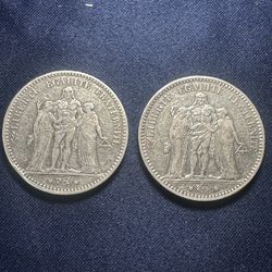 (2) 1875 Hercules $5 Silver Franc 