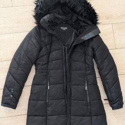 Women's GUESS Black Long Puffer Coat Jacket Size S