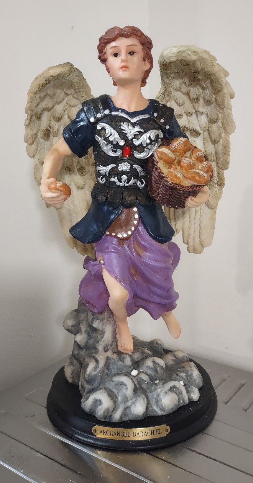 Ebros Byzantine Eastern Orthodox Catholic Church Colorful Archangel Barachiel The Provision of God Statue with Brass Name Plate Wooden Base Angelic Co