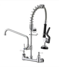 HOMEMYSTIQUE
Commercial Restaurant Pull Down Double Handle Wall Mount Spray Standard Kitchen Faucet in Polished Chrome