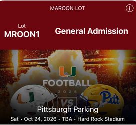 ***Miami Hurricanes Vs Pitt Panthers MAROONE Parking Pass***
