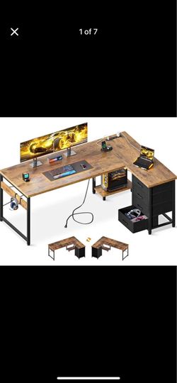 53"/61 inch Shaped Desk with 4 Tier Drawers, Reversible Gaming Desk with Power Outlets, L Shaped