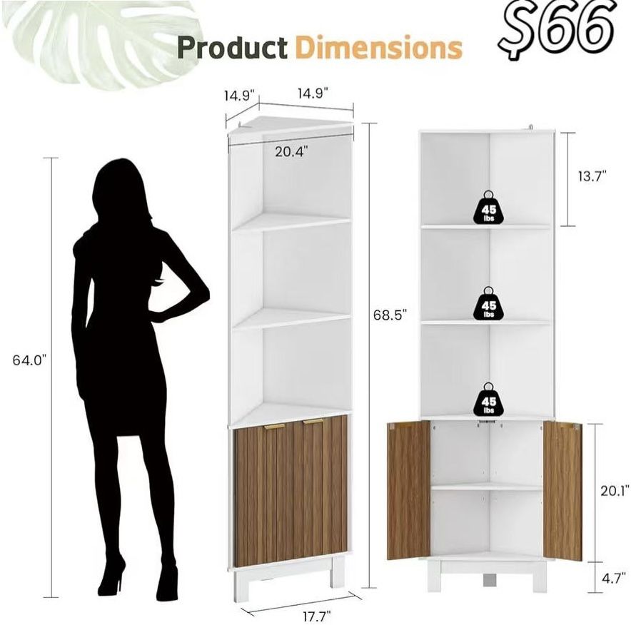 😀 68" Tall Fluted Corner Cabinet - 5 Tier Kitchen Pantries Storage Cabinets with Adjustable Shelves, Corner Hutch for Kitchen, White and Walnut