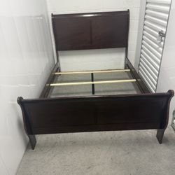 Queen Sleigh Bed Frame - Solid Wood, Dark Finish
