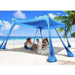Beach Tent Sun Shelter 10x10ft Beach Canopy Easy Pop Up Sun Shade Portable UPF50+ with 8 Sandbags-2 Sand Shovel-4 Aluminum Poles-Ground Pegs for Outdo