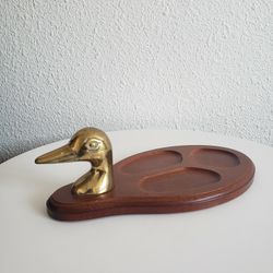Vintage Duck Jewelry Trinket Tray Valet Solid Brass Wood Designed by Powell  in USA .