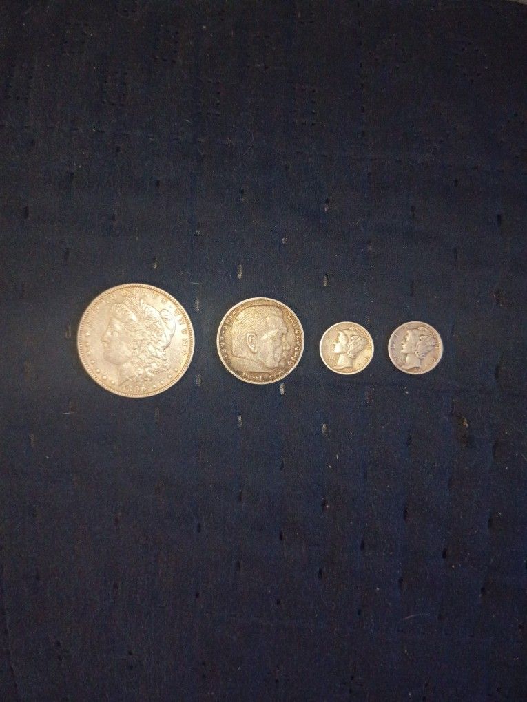 '86 P Morgan, '35 5 Reichs Mark, 43 & 44 Mercury Dime 90% Silver Coins