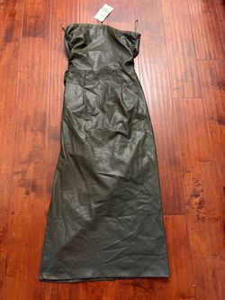 ZARA Faux Leather Strapless Bodycon Maxi Dress Olive Green Ruched Slit L NWT