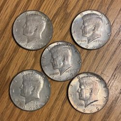 Five Different Kennedy Half Dollars.  40% Silver