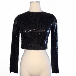 Chocolate USA Black Sequin Long Sleeve Crop Top Sheer Mesh Keyhole Back Small Party Club Rave Festival Gothic Y2K Glam Dark Academia Shirt