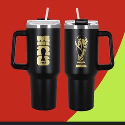 FIFA Insulated Stainless Steel Tumbler 2026 Black Gold World Cup Handle Lid Straw