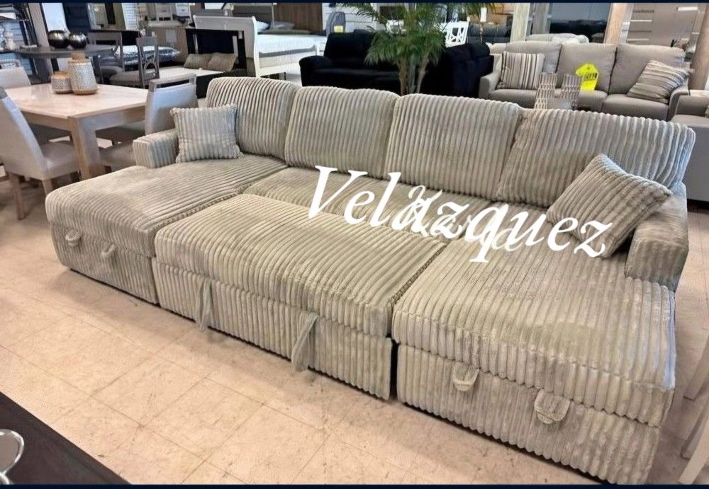 ✅️✅️3 pc Ash grey corduroy fabric sectional sofa with double storage chaise and pop up sleep area in center✅️