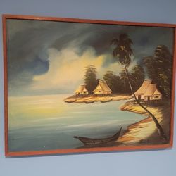 Original Framed Signed Painting Hand Painted Sea & Tiki Huts by Unknown Artist