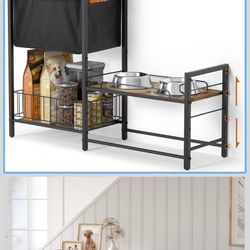 Elevated Dog Bowl Stand with Toy Bin Basket, 4 Height Adjustable Raised Feeding Station Cabinet, Lifted Food and Water Bowl Holder, Pet Storage Organi