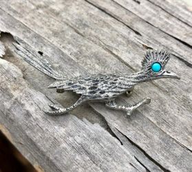 Vintage J. Ritter Pewter Turquoise Roadrunner Brooch Pin Jewelry Collectible