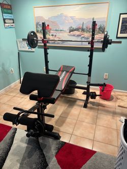 Weight bench with Olympic barbell and weights