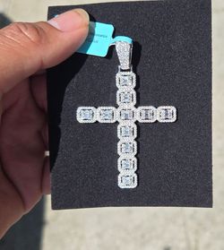 Silver/Moissanite Cross - Baguette Halo Style Cluster Cross Pendant
