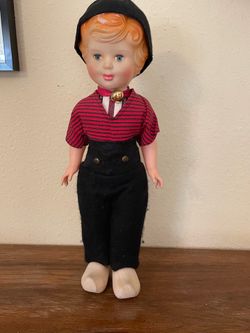 Vintage Dutch Boy Doll – Red Striped Shirt, Black Pants & Wooden Clogs