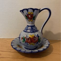  Hand Painted Blue Pitcher And Bowl Floral Design Made In Madein, Portugal  A20
