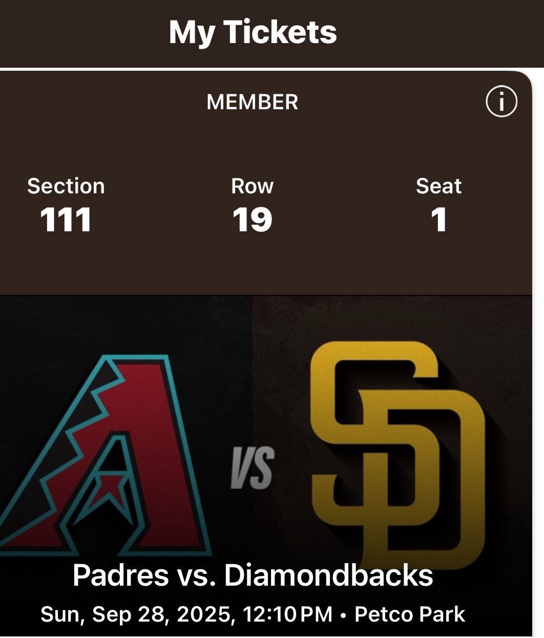 $85  TODAY SUNDAY SEP 28th - 2 AISLE Member Seats
