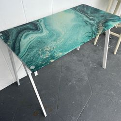 MAYA CAY BLUE GRAPHIC GLASS TOP DESK