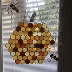 Stained Glass Honeycomb With 3 Bees