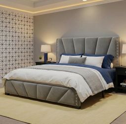 Queen Velvet Bed Frame with Storage Headboard and Charging Station