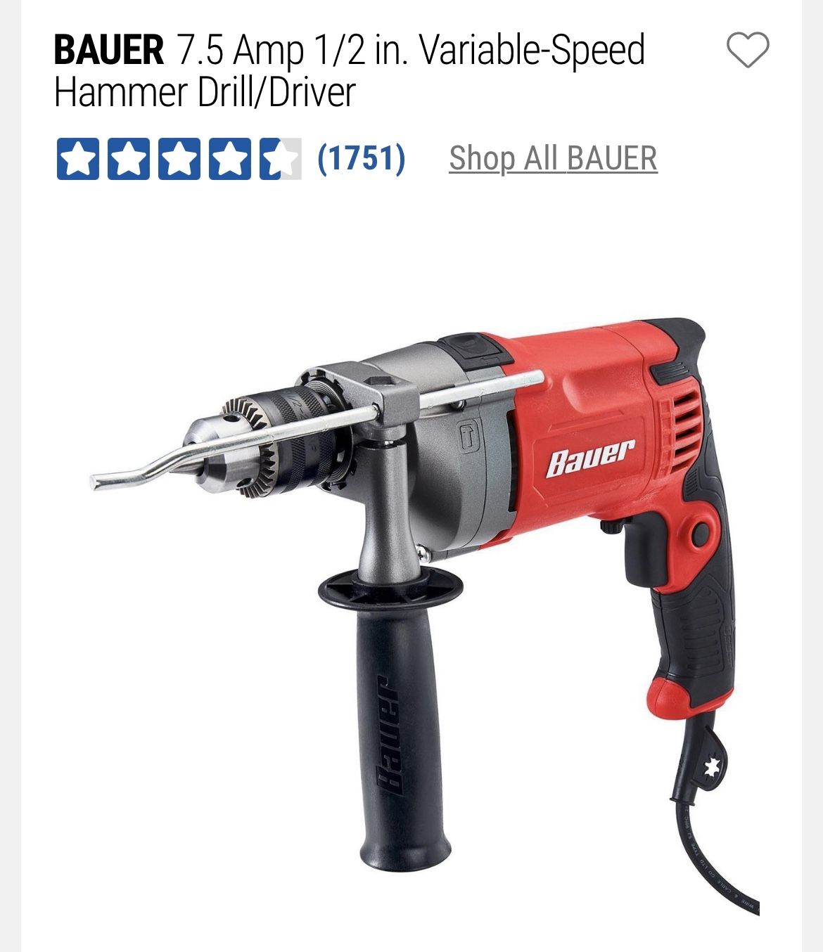 BAUER7.5 Amp 1/2 in. Variable-Speed Hammer Drill/Driver