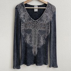VOCAL Edgy Dark Grey Waffle Knit V Neck Rhinestone Cross Graphic Long Sleeve Tee
