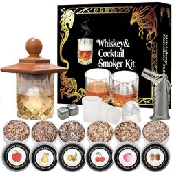 Whiskey Smoker Kit with Torch- 6 Flavors Wood Chips, 2 Whisky Glass Sets- Bourbon Cocktail Smoker Kit, (NO Butane)