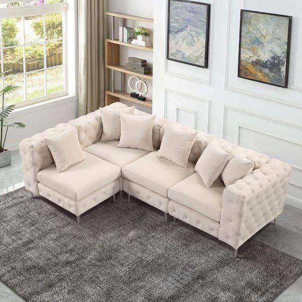 96.5-in Modern Off-white Sectional,4seater Living Room Sofa, Beige Velvet