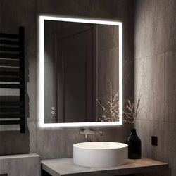 36x28 LED Bathroom Mirror, Rectangle LED Frontlit Vanity Mirror for Bathroom Wall Mounted Anti-Fog Lighted Bedroom Mirror with Aluminum Frame 3 Colors