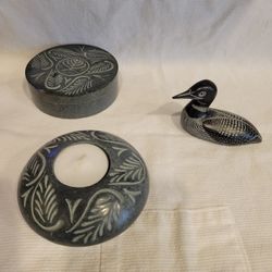 Covered Box, Votive Candle Holder And Carved Duck