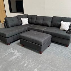 Black Linen Sectional Sofa Couch With Ottoman