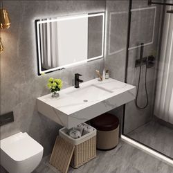 24" Floating Bathroom Vanity Set Single Layer Single Sink White/Black/Grey (W/ Faucet, LED Mirror)