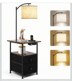 Floor Lamp with Table & 2 Drawers, End Table with Lamp, Rustic Brown
Charging Station with USB, Type-C & AC Outlet; 9W LED Bulb with 3 Color Temperatu