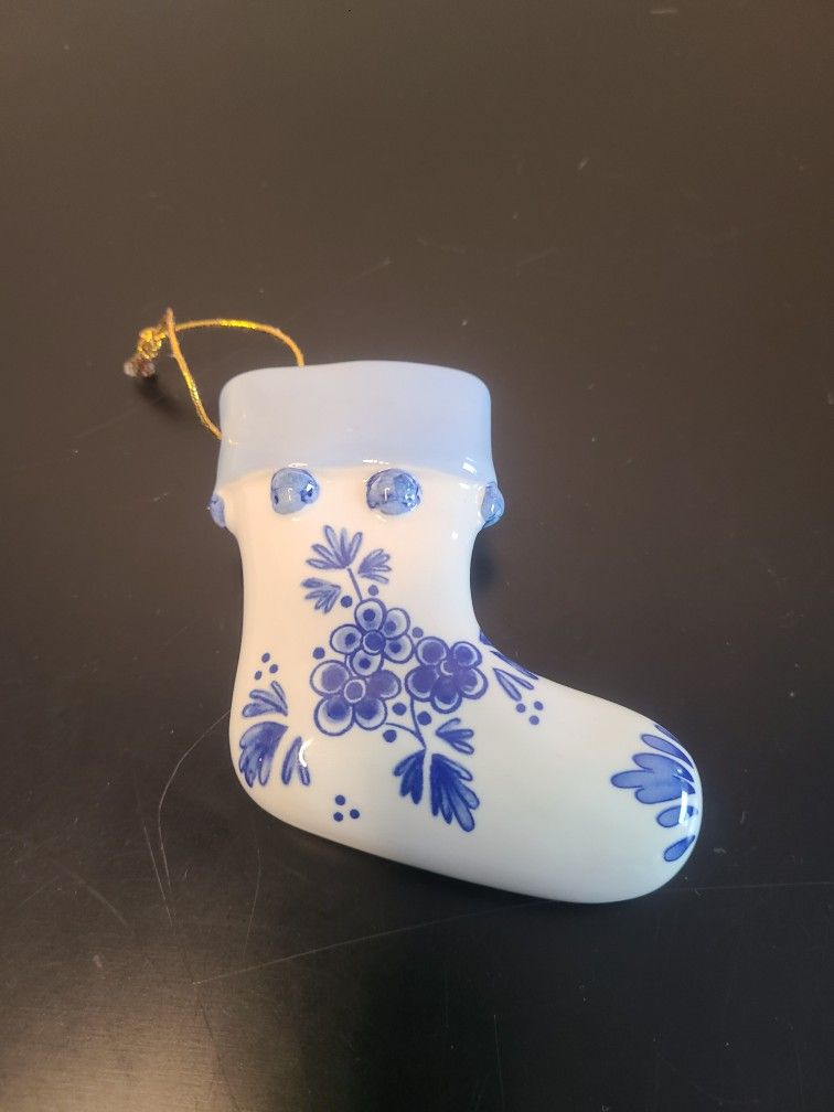 Vintage Delft Blue Stocking Porcelain Ornament