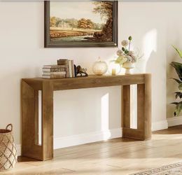 Byblight 63 in. Brown Rectangle MDF Console Table for Living Room, Farmhouse Sofa Table with Wooden Pedestal for Kitchen, Foyer - brand new