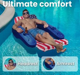 Floating Chaise Pool Lounger USA Patriotic Padded Large for Adults Headrest, Backrest, Footrest & Cupholder (American Flag)

Brand New in box 🎁