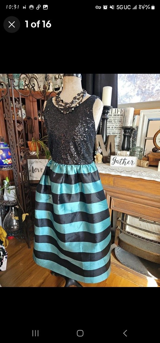 Leifsdottir Anthropologie Sequined Striped Turquoise & Black Cocktail Dress Sz 8