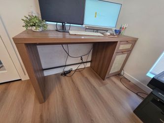 Wood Tone Desk with Rattan Drawers