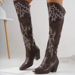 Women's Retro Embroider Thigh High Western Cowboy Boots size 8.5
