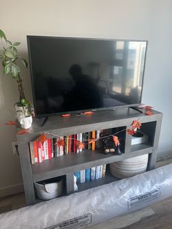 Gray Wood TV Stand with Open Shelves