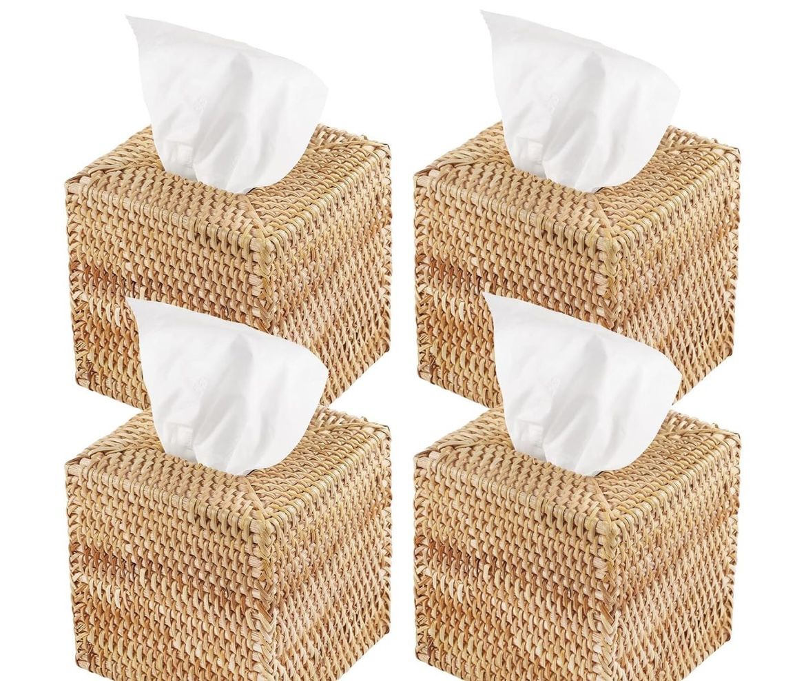 4 Pack Rattan Tissue Box Cover Square, Hand Woven Wicker Tissue Holder, Tissue Box Holder, Wicker Tissue Box Cover, 5.5 x 5.5 X 5.5 inch, Natural