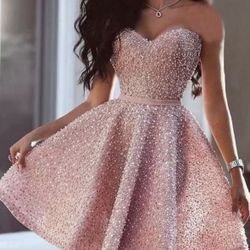 Beautiful Pink Beaded Strapless Dress 