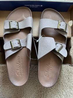 New - Skechers Luxe Foam taupe double strap Granola slide sandals
